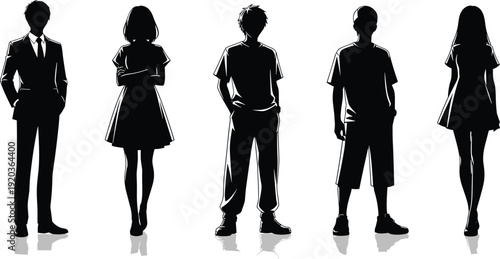 Black silhouette vector illustration of diverse people standing together, businessman in suit, casual men and women, youth community fashion icons,