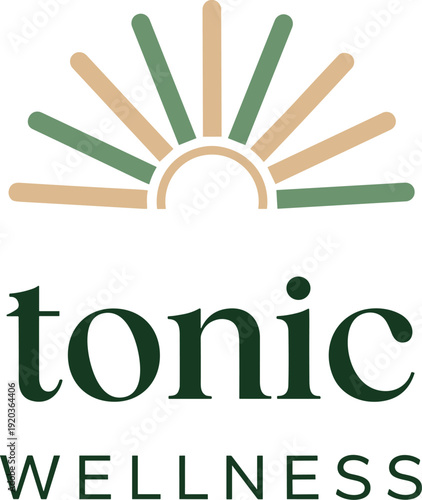 Wellness tonic logo with abstract sun rays minimal vector illustration modern health brand identity