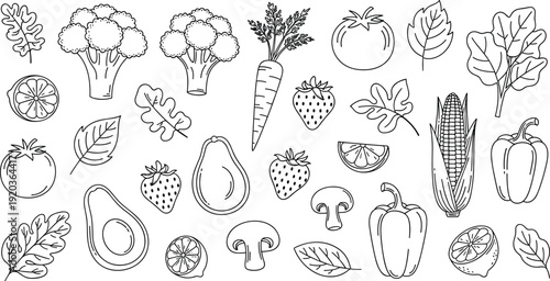 Vegetable and fruit outline icons collection hand drawn vector illustration coloring page food line art set isolated