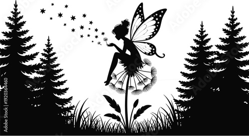 Fairy silhouette sitting on dandelion in enchanted forest, magical winged girl with stars and trees, fantasy illustration isolated on white background