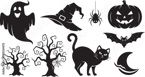 Halloween icons and symbols in black silhouette style collection
