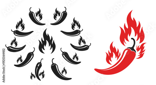 Stylized illustration of chili peppers some with flames in red and black
