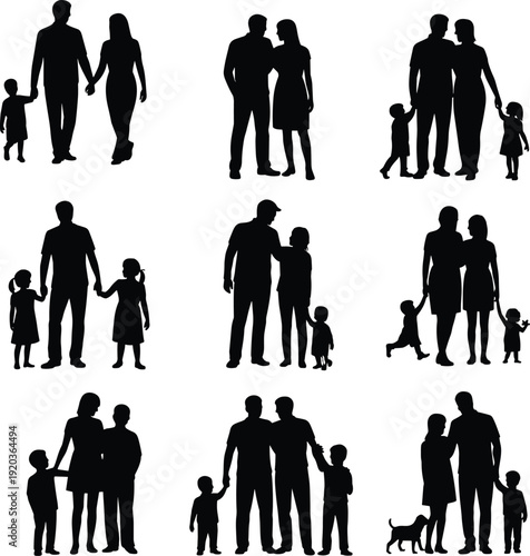 Family silhouettes collection isolated on white background, parents with children standing together, happy family life concept black vector illustration set