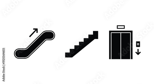 Black and white icons depicting an escalator stairs and elevator