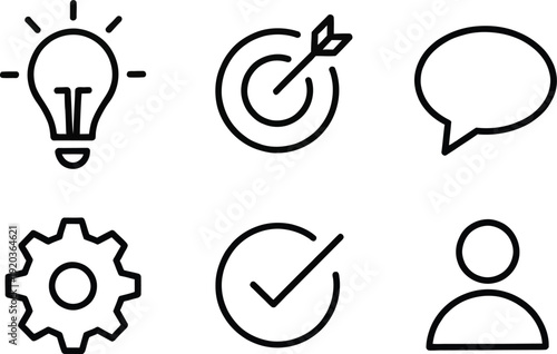 Set of six simple line icons representing ideas communication concepts and achievements isolated on transparent background