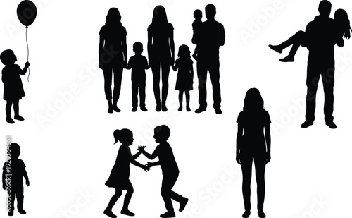 Set of black silhouettes of families, children playing, parents with kids, and individuals isolated on a white background, flat vector illustration