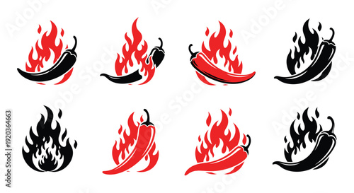 Fiery chili peppers with flames a stylized graphic collection