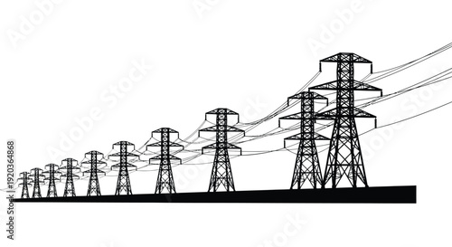 A stark silhouette of power lines and transmission towers receding into distance