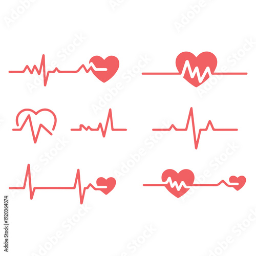Red heartbeat line icons with stylized heart symbols and ecg waves in minimalist design for healthcare and love concepts