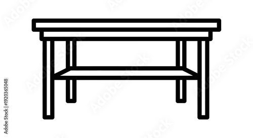 Simple black and white line drawing of a rectangular table with four legs and a shelf