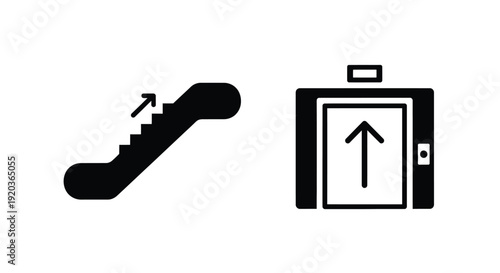 Simple black icons depicting an escalator and an elevator ascending