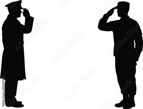 Black silhouette of two military officers in uniform saluting each other on white background, army respect and honor flat vector illustration