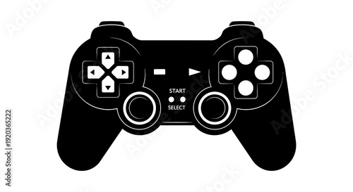 A black and white silhouette of a modern video game controller facing forward high quality professional