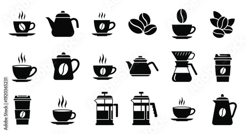 Black silhouette icons depicting coffee teapots and related brewing equipment