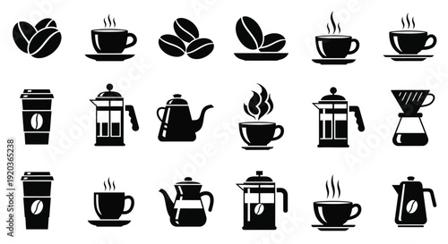 Black and white icons depicting coffee beans cups and brewing equipment