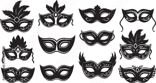 Collection of black masquerade masks on white background