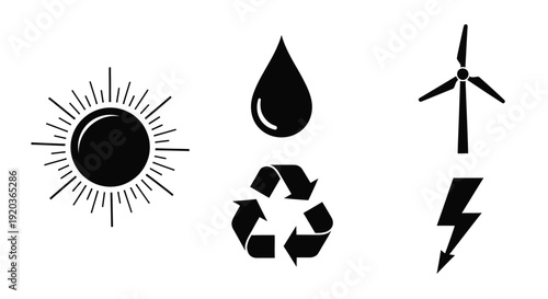 Renewable energy icons sun water recycling wind and lightning