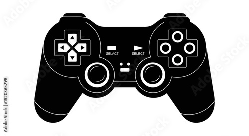 A black and white illustration of a modern video game controller viewed from directly above