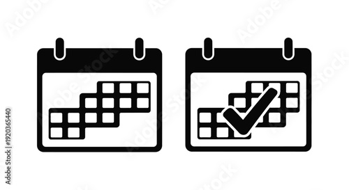 Two calendar icons one empty one with a checkmark indicating completion