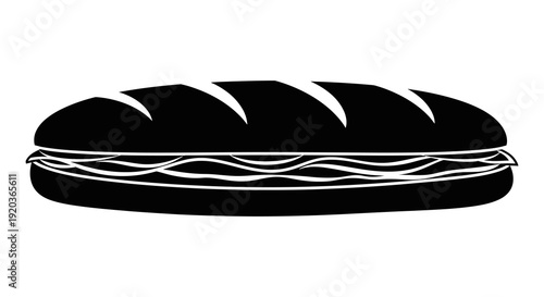 A black and white illustration of a baguette sandwich filled with visible layers of meat