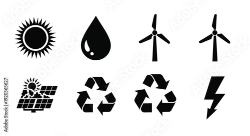 Renewable energy sources depicted in simple black icons and symbols