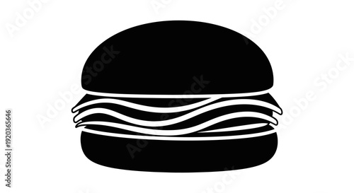 A simple black and white illustration depicting a classic hamburger with visible layers high quality professional