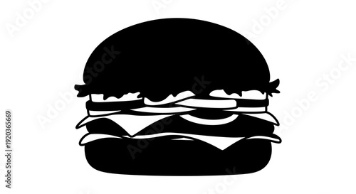 A simple black and white illustration depicts a stacked hamburger with visible layers high quality professional
