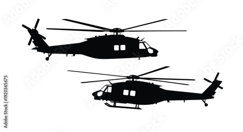Two black silhouettes of military helicopters in flight against a white background