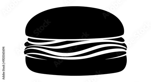 A simple black and white illustration of a classic cheeseburger with visible layers high quality professional