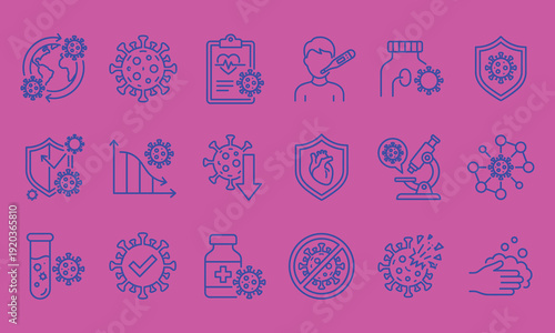 Blue coronavirus medical line icons set with vaccine shield test tube microscope global pandemic prevention healthcare vector illustration, isolated