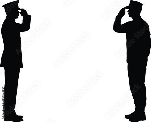 Silhouette of two military soldiers in uniform saluting each other against a white background, honor and respect flat vector illustration