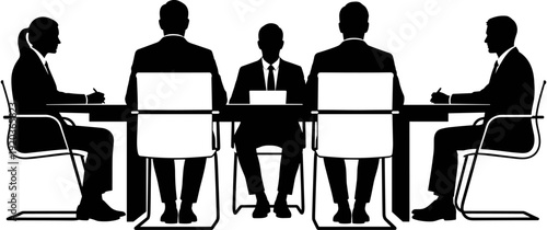 Silhouette of professional business people sitting at a conference table in a modern office boardroom during a corporate meeting