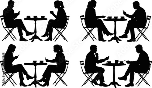 Silhouettes of diverse people in pairs sitting at cafe tables drinking coffee and using mobile phones isolated on white