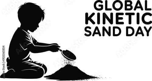 Global Kinetic Sand Day concept with child silhouette playing and pouring sand isolated on white background representing creativity, sensory play and learning