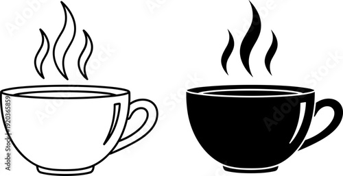 Black and white vector icon set of steaming hot coffee or tea cups isolated on a white background for cafe branding