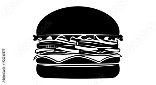 A minimalist black and white illustration depicting a stacked cheeseburger with visible layers high quality professional
