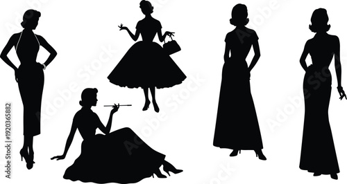 Black silhouette vector illustration set of elegant vintage women, retro 1950s fashion poses, classic glamou
