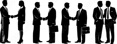 Silhouette collection of professional business people shaking hands and making deals for corporate partnership success isolated on white background