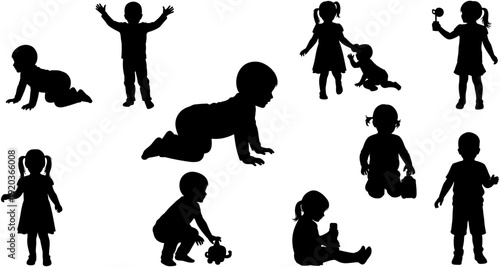 Silhouettes of cute babies and toddlers playing crawling standing and sitting in various active and happy childhood poses isolated