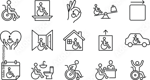 Disability accessibility line icons set, wheelchair users, inclusive design, healthcare support, mobility services and barrier free environment vector illustration