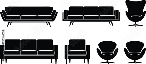 Black silhouette vector illustration set of mid century modern furniture, minimalist sofa and armchair icons, interior design home decor elements,