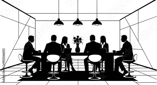 Silhouette of professional business people having a corporate meeting in a modern office conference room sitting at a long table