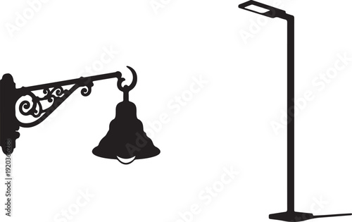 Set of street lights black silhouette isolated on white background. Collection of modern and vintage street lights. Elements for landscape construction. Vector illustration for any design.
