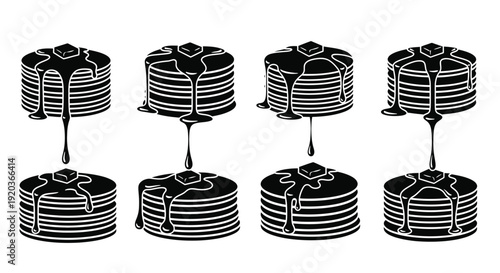 Black and white illustration of stacked pancakes with dripping maple syrup