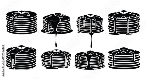 Black and white illustration of stacked pancakes with dripping syrup