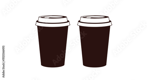 Two dark brown takeaway coffee cups with lids simple illustration