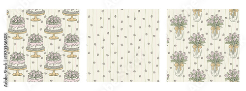 Birthday Cake Tulip Flowers Coquette Seamless Pattern Set Pastel Bow Striped Background Cottagecore Girly Party Collection