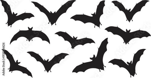 Black bat silhouettes flying in various directions together