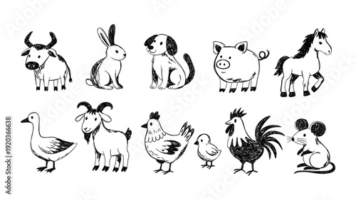Sketch Doodle Ink Inky Farm Animals Vector Set With Cow Dog Horse Pig Rabbit Goose Chicken Goat Rooster Mouse