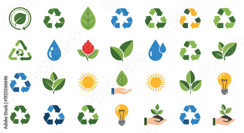 Collection of environmental icons representing recycling nature and sustainability